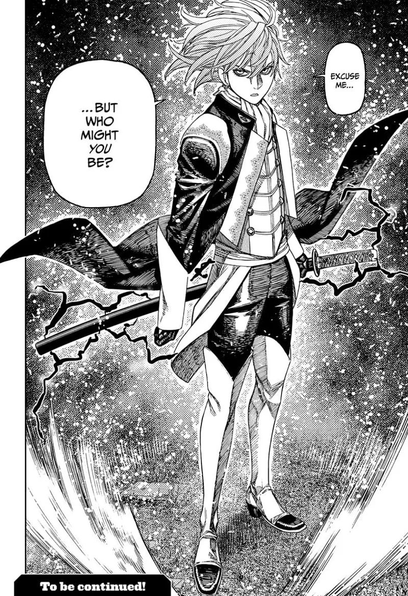 The person stands and asks the Fairy-Tale Card who he is. The person's cape flips, and his katana has black lightning.