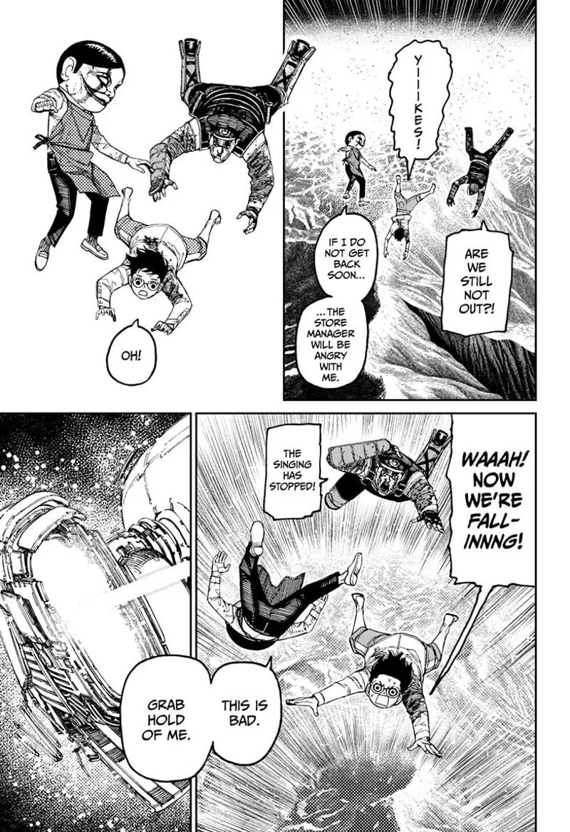 Okarun, Officer Bega, and Serpo starts falling down. Serpo transforms into jetpack.