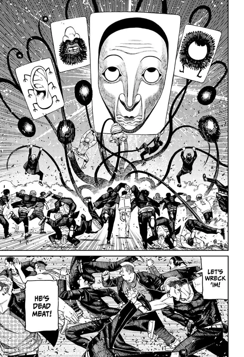 The thugs attack. They dash forward and grab its black tentacles.