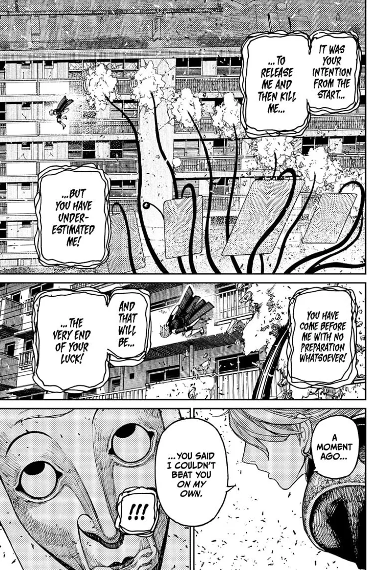 Fairy-Tale Card's tentacle attacks, misses and hits the buildings as Count Saint-Germain dodges them easily.