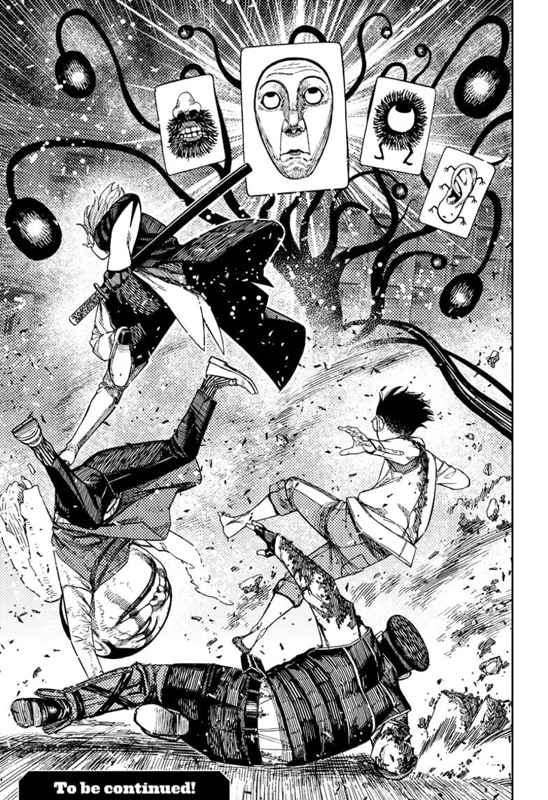 Okarun, Count Saint-Germain, Officer Bega, and Serpo face the huge Fairy-Tale Card and its tentacles.