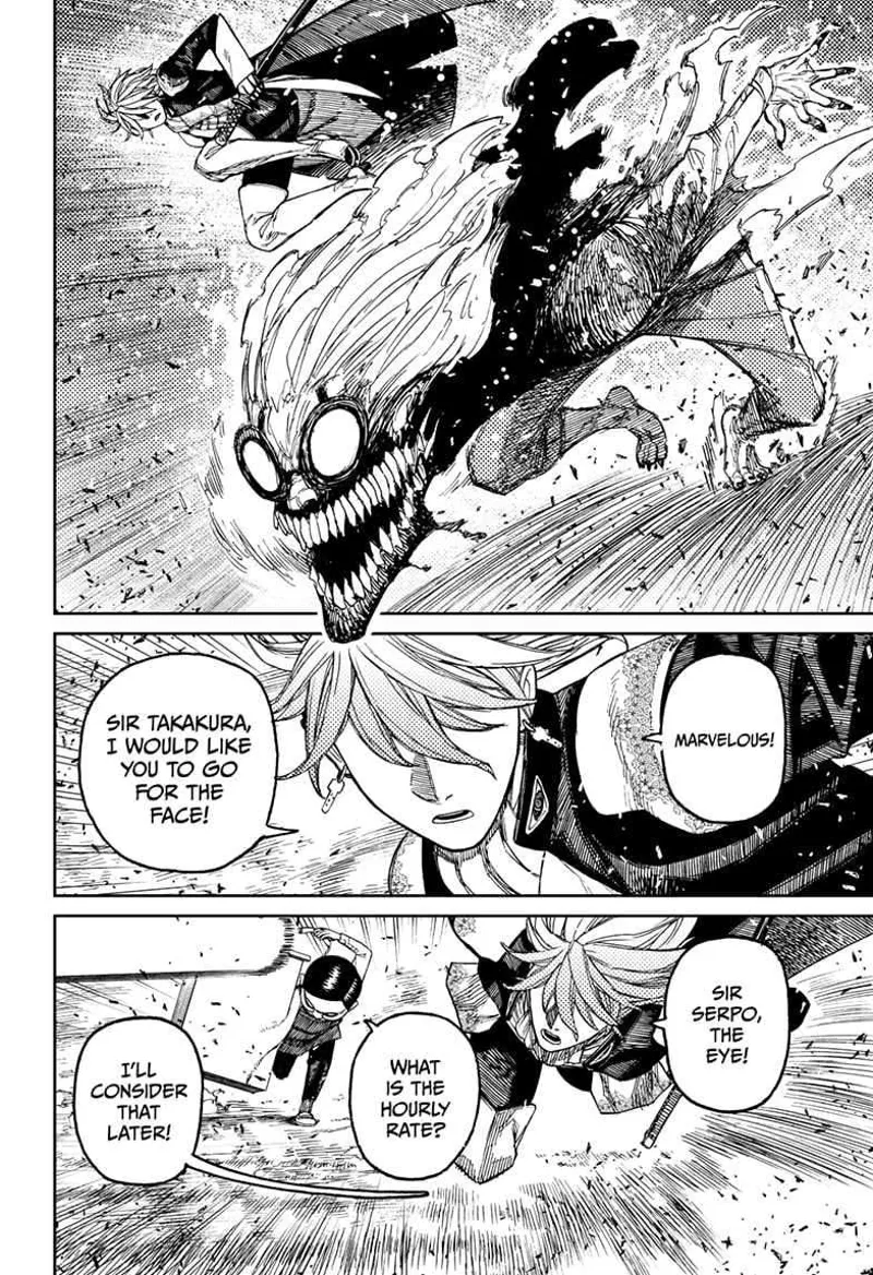 Okarun changes to the cursed form. Count Saint-Germain asks Okarun to attack the fice and Serpo to attack the eye.