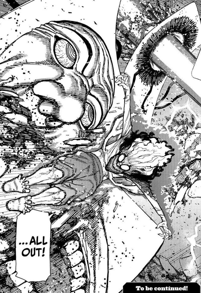 Cursed Okarun destroys the face card. Behind him, The eye card is punctured. They are going all out.