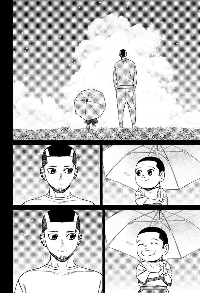 Unji stands tall with his young brother Futa beside him, wearing an umbrella under a beautiful day.