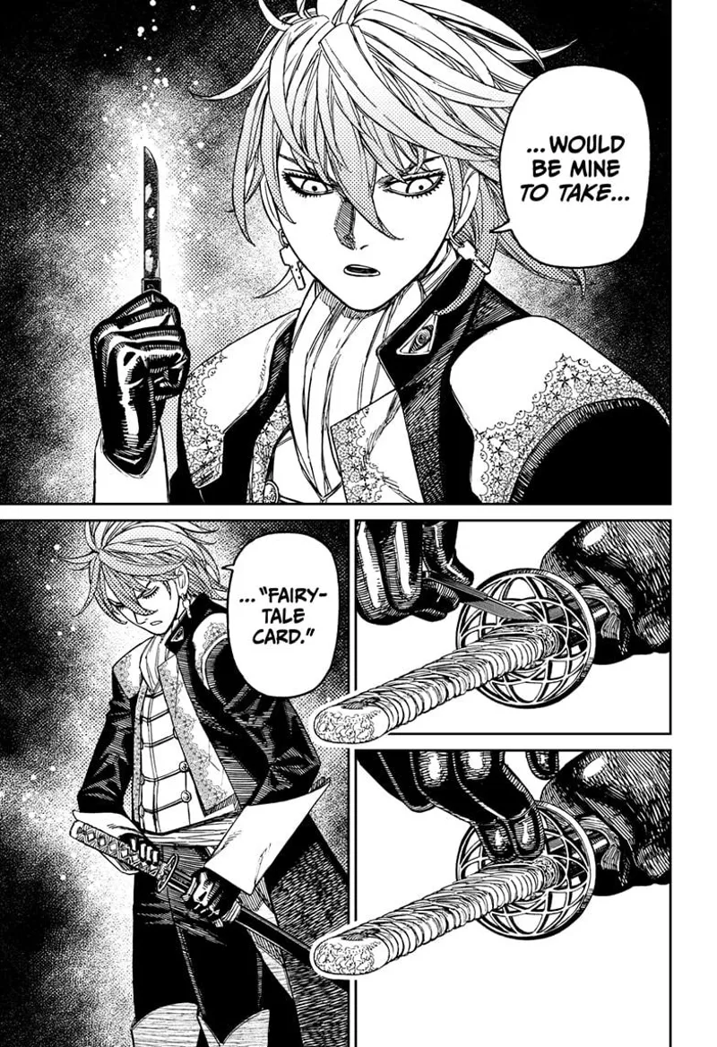 Count Saint-Germain takes the power of the Fairy-Tale Card. He inserts the little knife into his blade and tries to activate it.