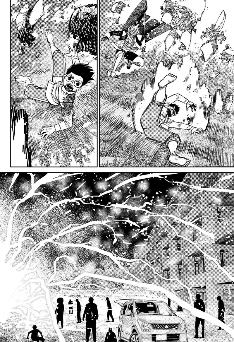 Okarun crashes and turns back to normal. White lightning appears around and hits everything.