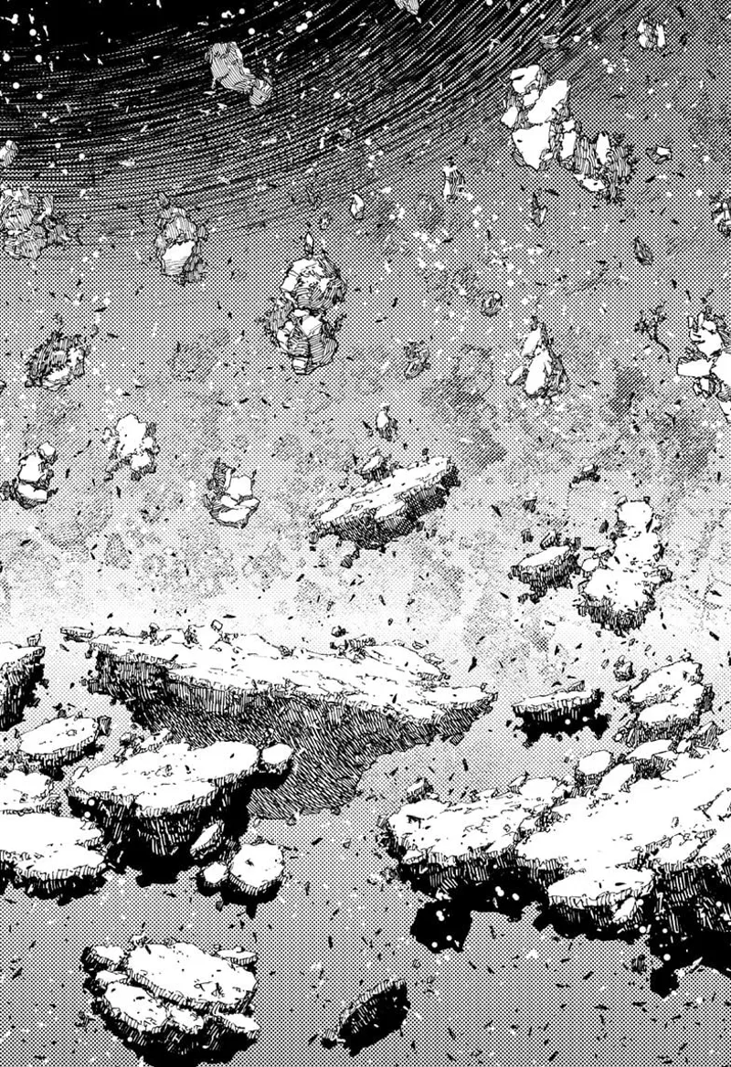 The world inside the trunk is collapsing. The land is floating, and the sky darkens.