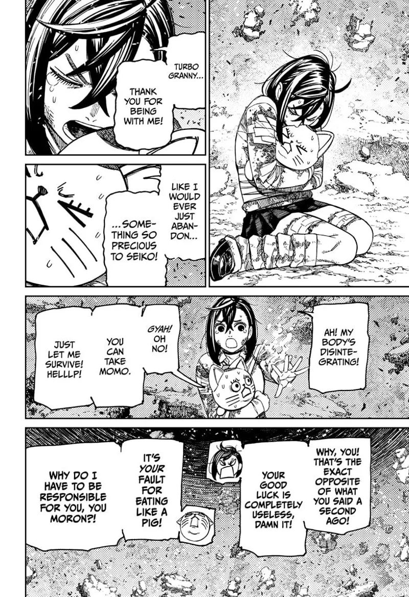 Momo hugs Turbo Granny and thanks her for staying with her. Turbo Granny freaks out after seeing Momo's arm disintegrate.