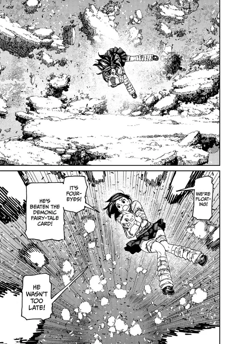 Momo and Turbo Granny suddenly float and move upward faster than the floating and disintegrating land.