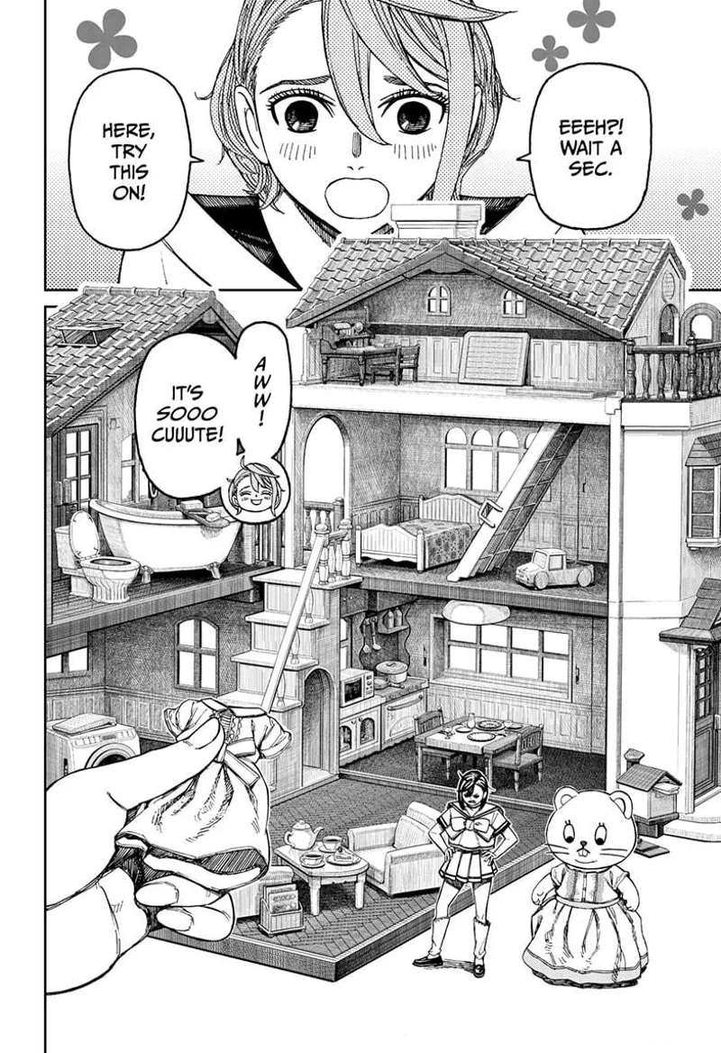 Aira Shiratori gives Momo Ayase a cute tine dress. miniature Momo is inside a miniature house.