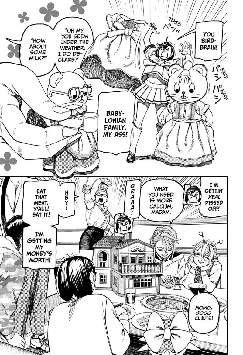 Momo gets angry and throws away the dress after being toyed with by Aira.  Vamola, Rin, and Mai sits in front of them.