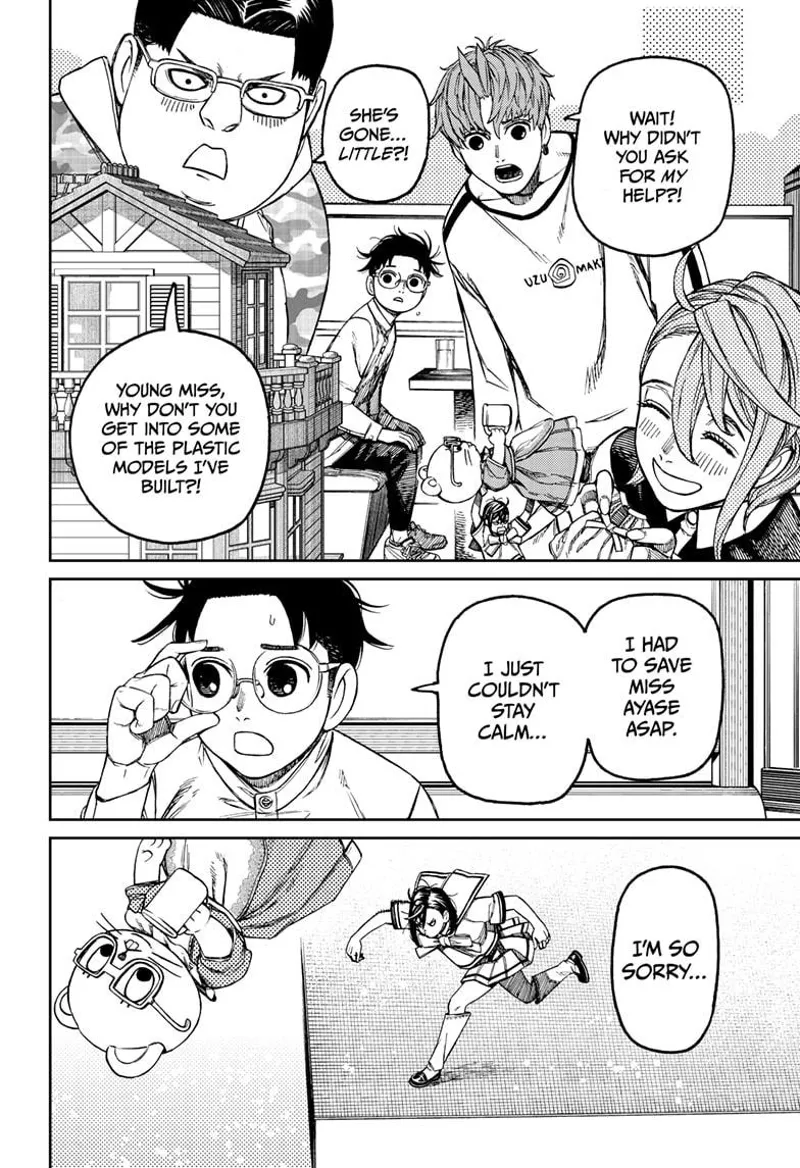 Aira smiles while Jiji Enjoji, Kinta Sakata, and Okarun get worried. Okarun holds his eyeglass.