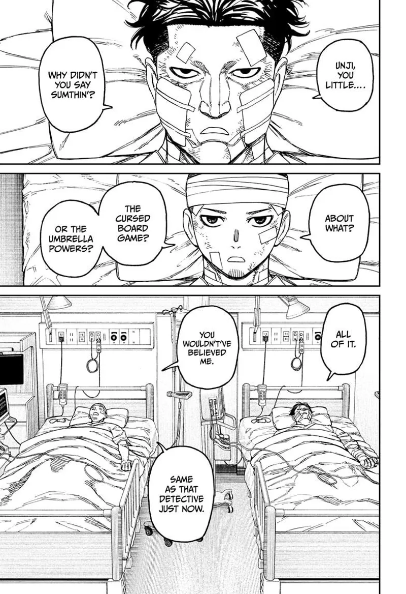 Officer Bega and Unji are covered in bandages while lying on a hospital bed.