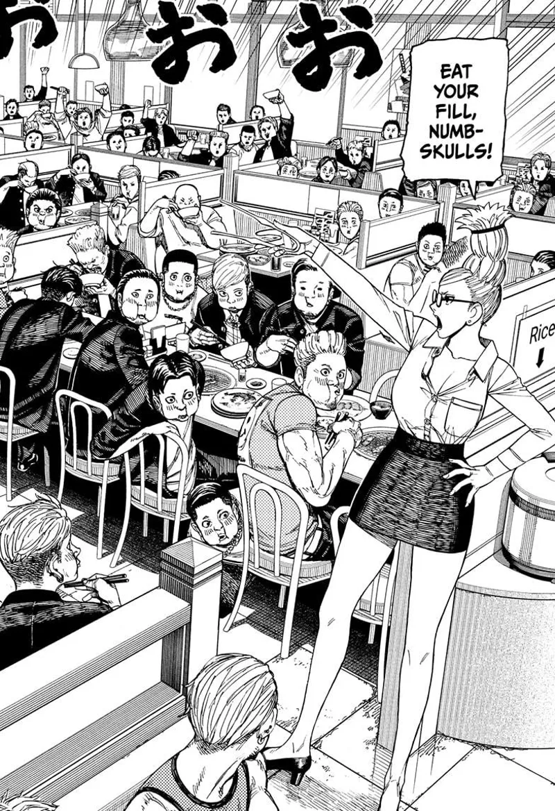 Grandma tells the whole gang that helped Momo and Okarun to eat. There are a lot of men in the restaurant.