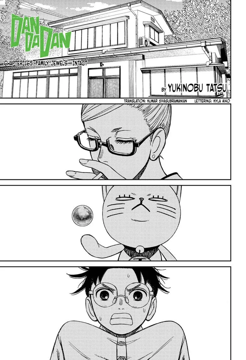 Grandma is puffing a cigarette. Turbo Granny holds one of Okarun's ball nuts. Okarun is sweating nervously.