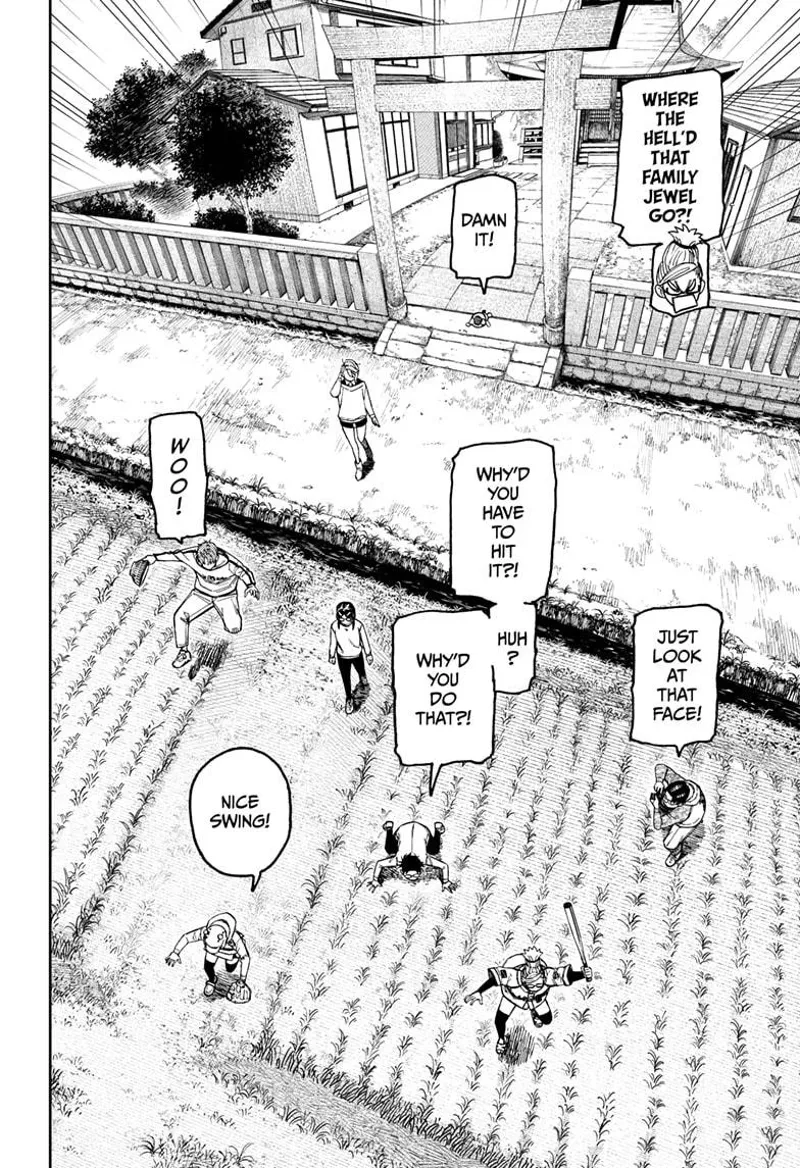 The gang starts looking for Okarun's family jewel in the field just before their compound.