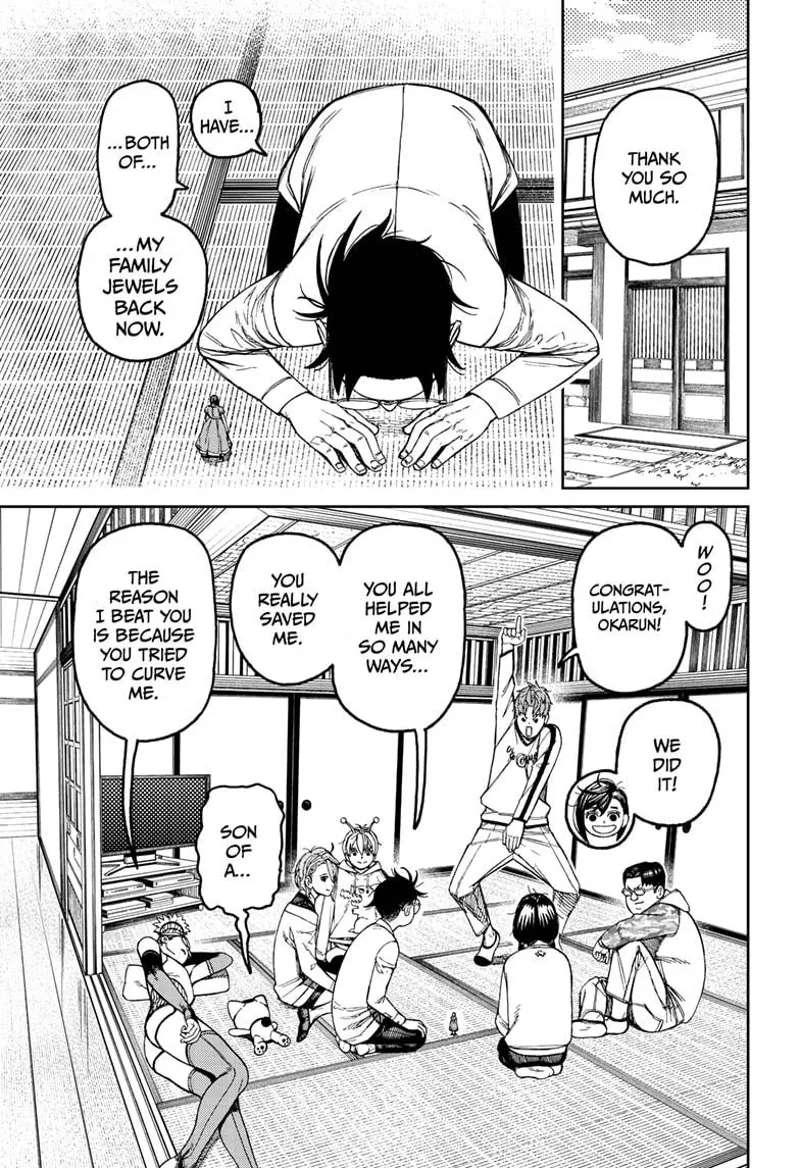 Okarun bows to the ground, thanking everyone that his family jewels are back.