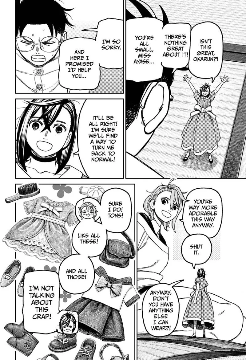 Tiny Momo celebrates as Okarun got his nuts back. Okarun says it's not that great since Momo is now small.