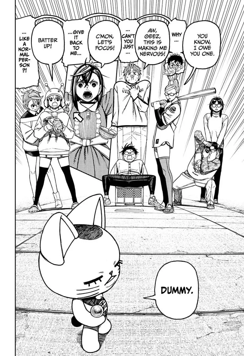 Turbo Granny prepares to throw Okarun's nut while Grandma holds a bat, trying to hit it with a baseball bat.