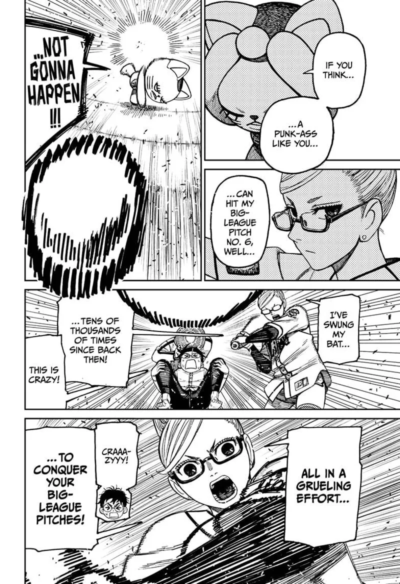 Turbo Granny powerfully throws Okarun's nutball. Granda Seiko Ayasa swings her bat. Okarun screams in fear.