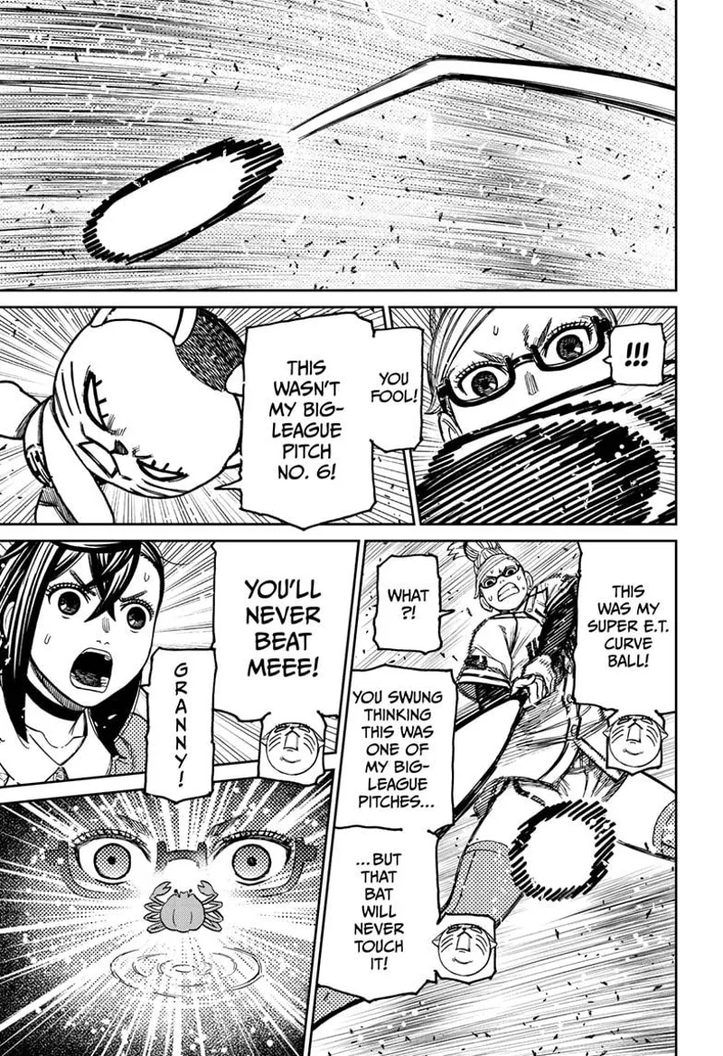 Okarun's nutball suddenly changes direction as Turbo Granny throws it as a curved ball. Grandma is about to miss it.