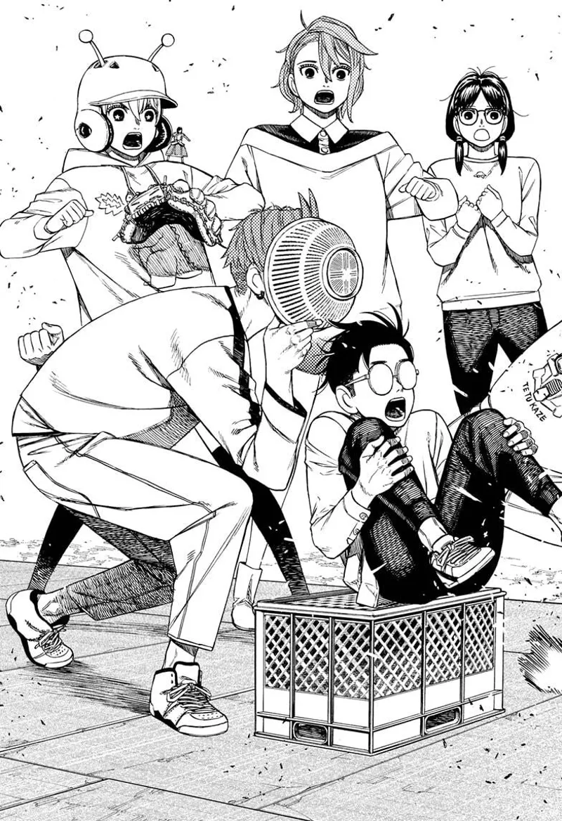 Okarun, Rin, Aira, Vamola, tiny Momo, and Jiji watches in shock.