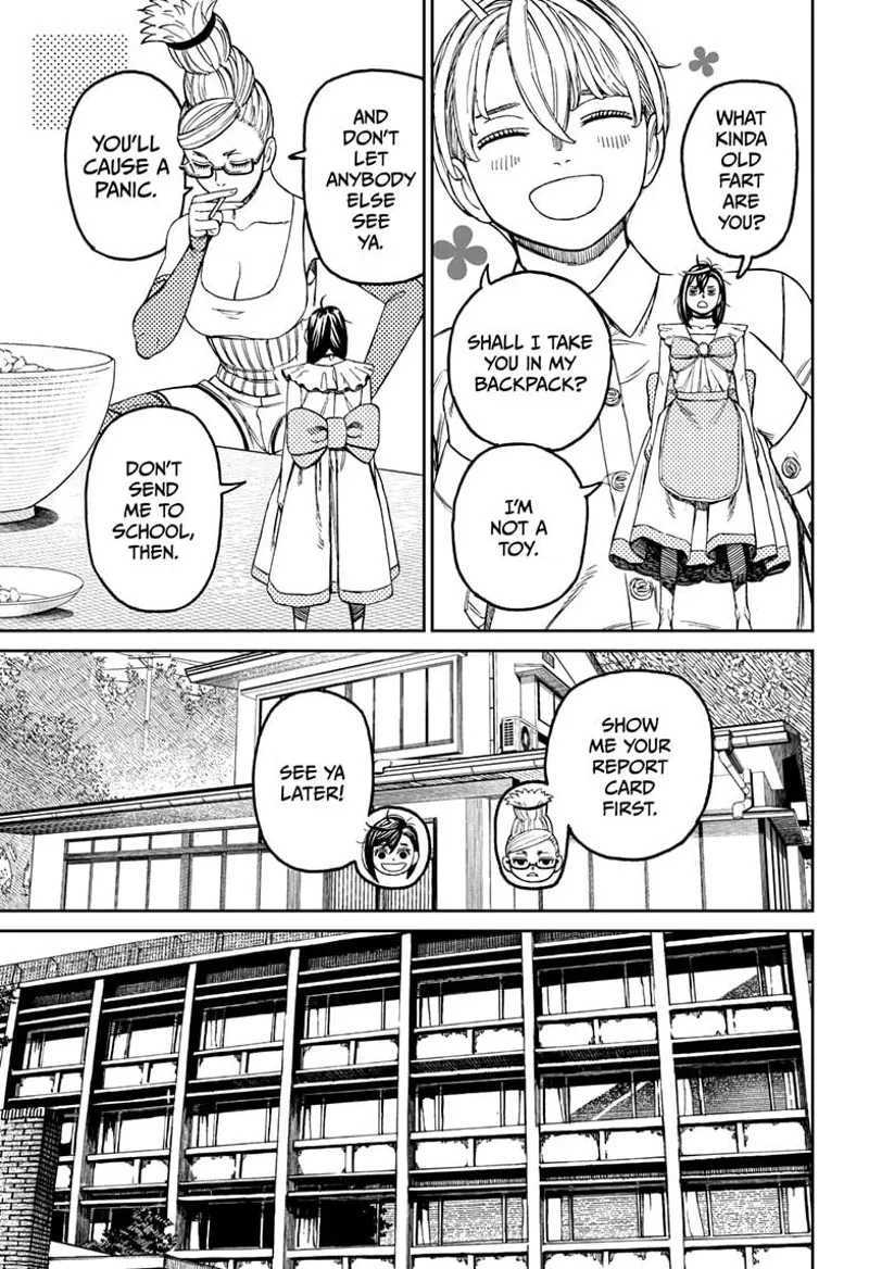 Vamola smiles as she offers Momo a ride to her backpack. Grandma tells tiny Momo not to let anyone see her at school.