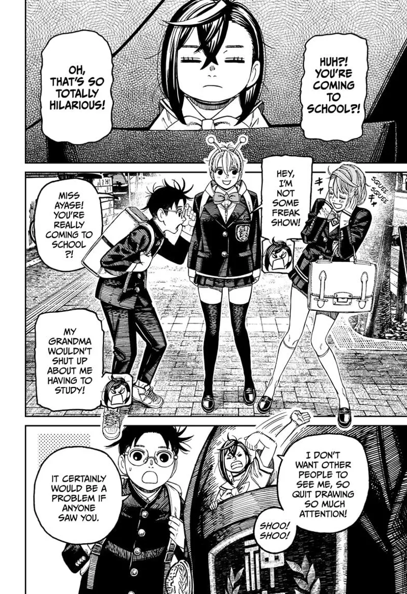 Okarun and Aira are surprised upon seeing tiny Momo going to school hidden under Vamola's pocket.