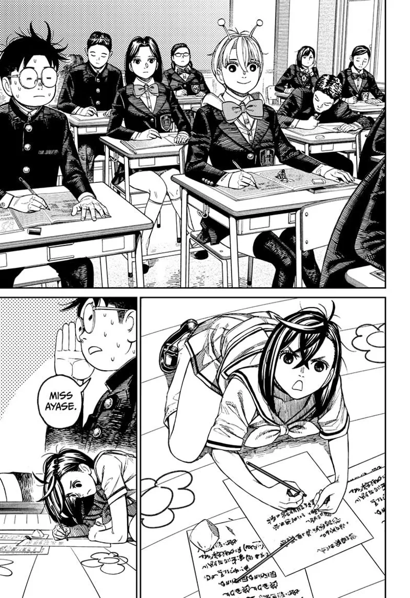 Tiny Momo also writes on a tiny piece of paper inside the class. Okarun is sweating, nervous for her.