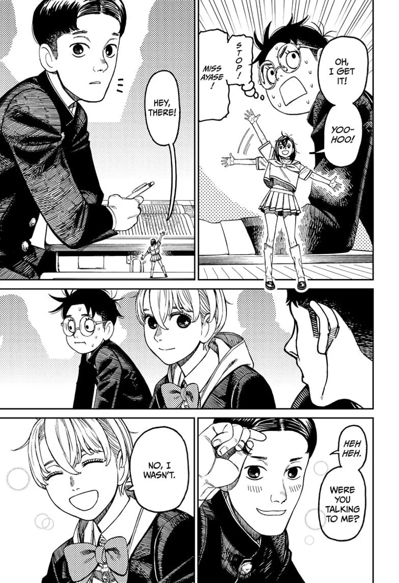 Tiny Momo waves and calls her classmate guy. The guy blushes, thinking Vamola is calling him.