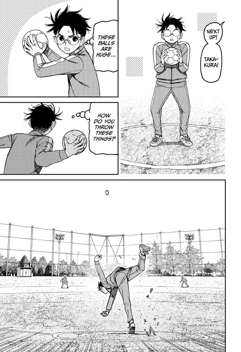 Okarun stands while thinking about how heavy the ball is. He throws the handball.