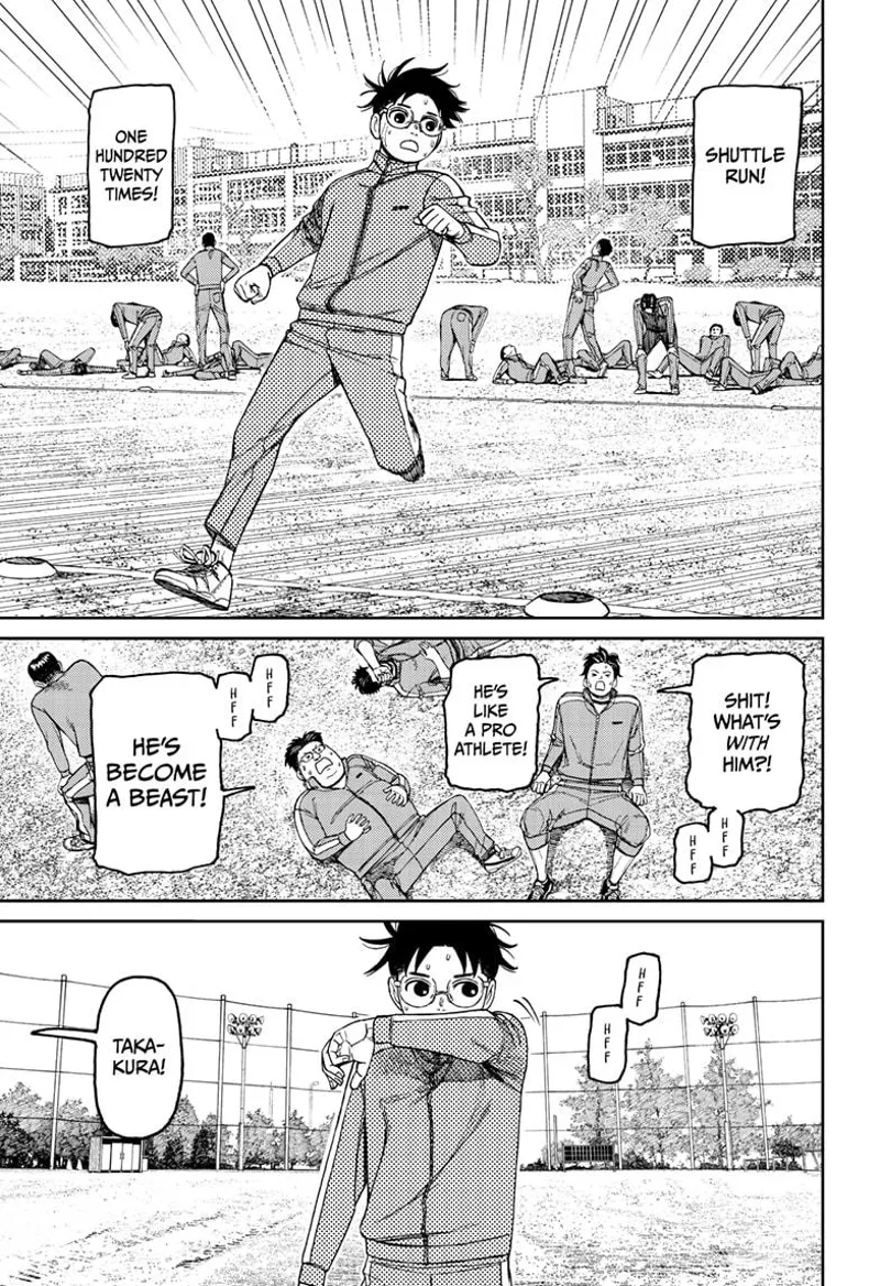 Okarun keeps performing the physical exercises extremely well while his classmates are exhausted.
