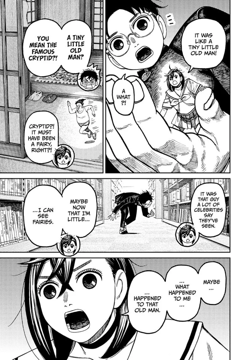 Tiny Momo stands on Okarun's palm while Okarun looks for the tiny Cryptid or fairy.