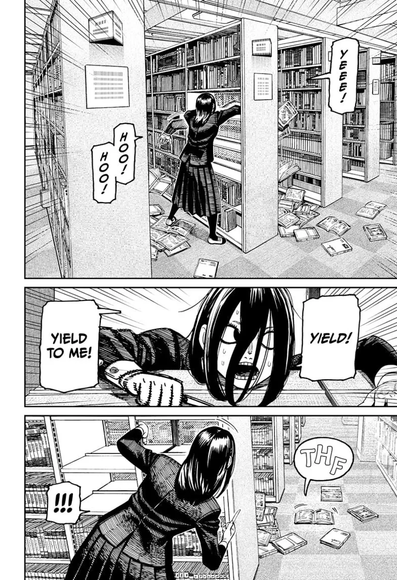 The student lady looks at the shelf and sees a book wiggling. Many books are now on the floor.