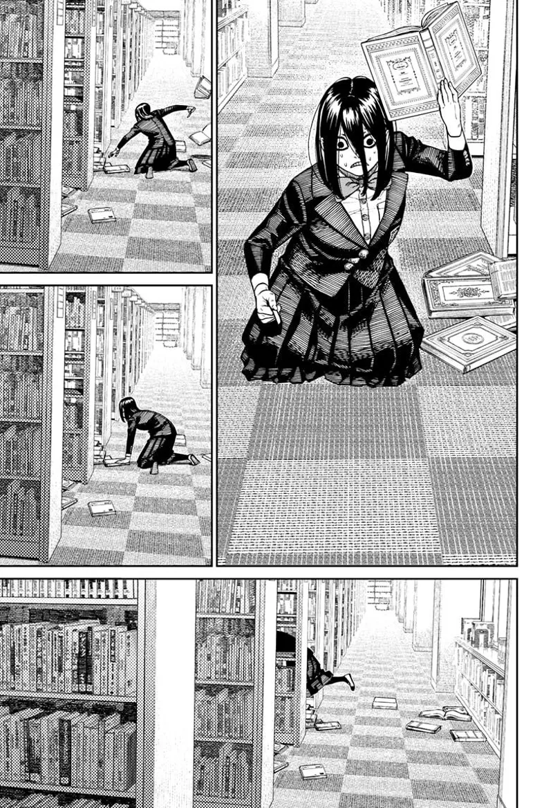 The student lady kneels and keeps flipping the books on the floor as she looks for tiny Momo.