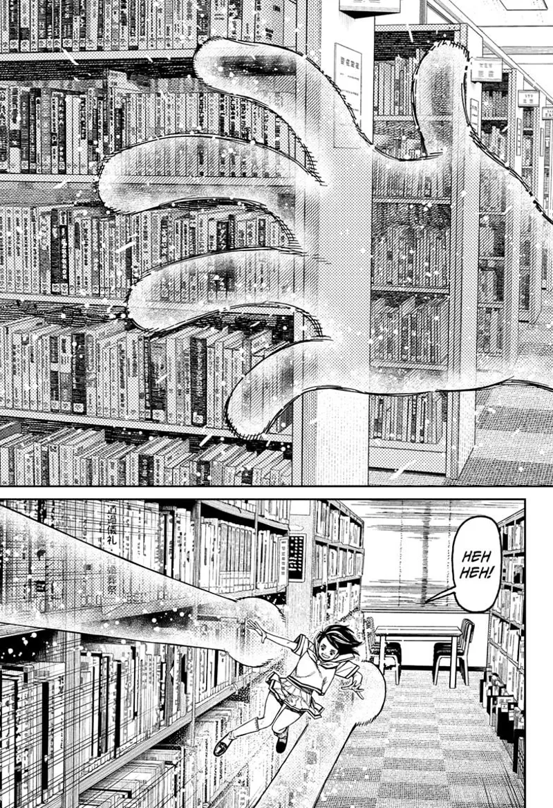 Tiny Momo grabs the shelves using her huge hands to move around the library.