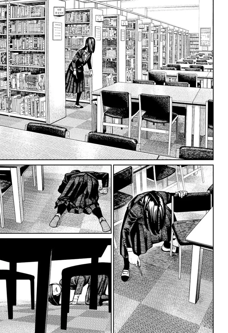 The lady student walks along the shelves, looks under the table, and flips the chairs as if looking for someone.
