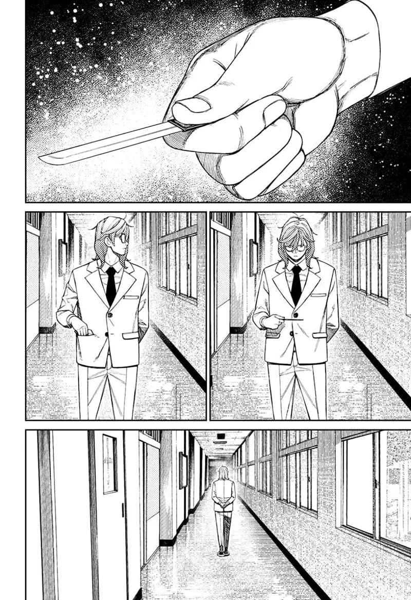 Mr. Sanjome reveals a tiny knife and puts it back in his pocket. He turns around and walks alone down the hallway.