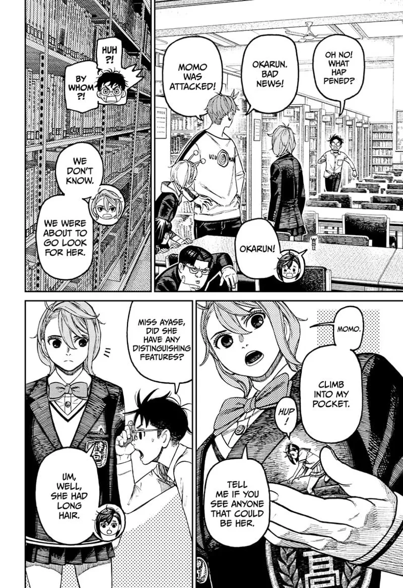 Aira lets tiny Momo climb into her uniform. Okarun arrives and asks tiny Momo about the attacker's distinguishing feature.