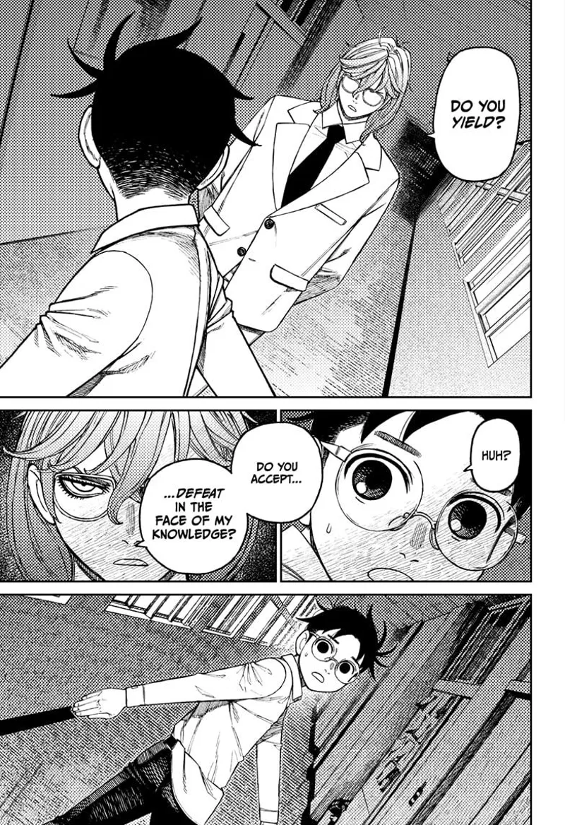 Okarun turns around to see Mr. Sanjome, who asks if he accepts defeat in the face of his knowledge. Okarun is shocked.