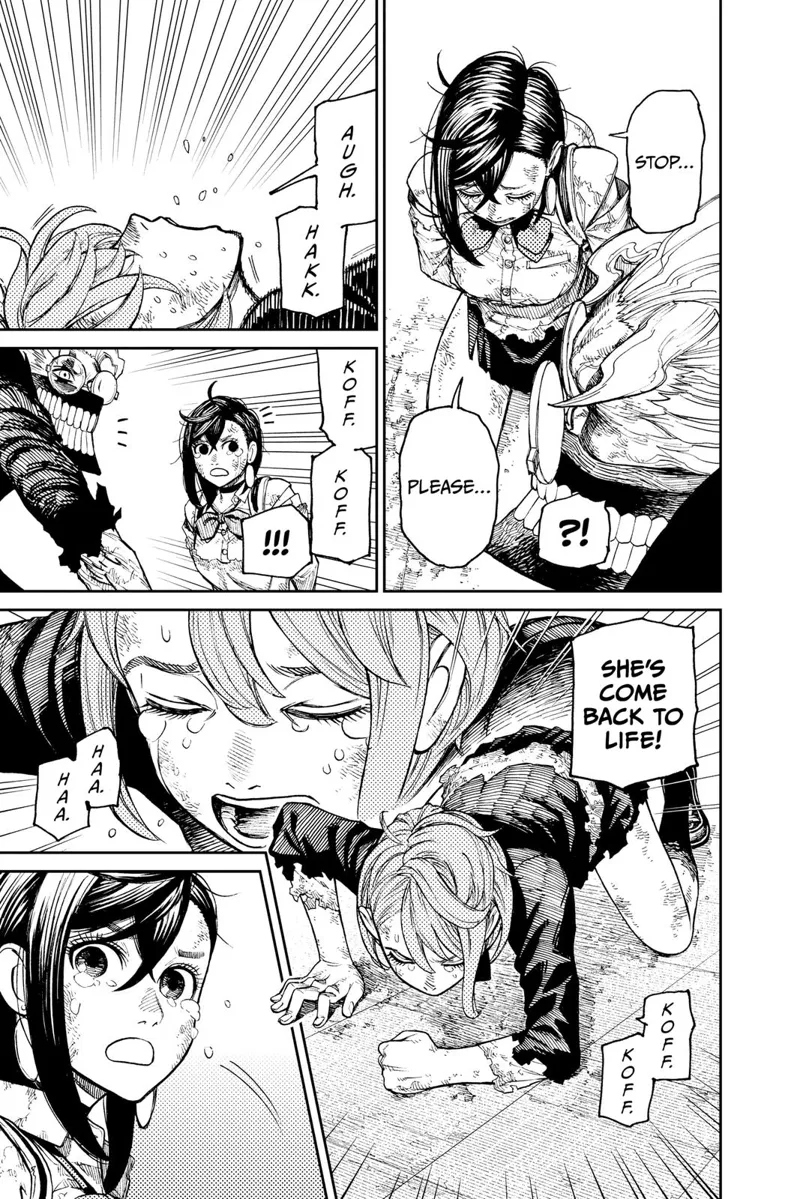 Aira starts coughing and coming back to life. Momo and Okarun see Aira crying and getting up.