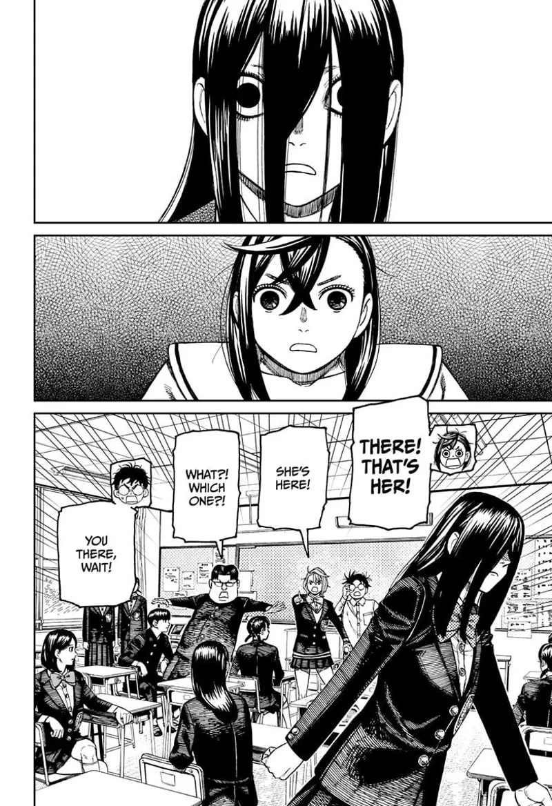 The weird student and tiny Momo look at each other. The weird student walks away after tiny Momo recognizes her.