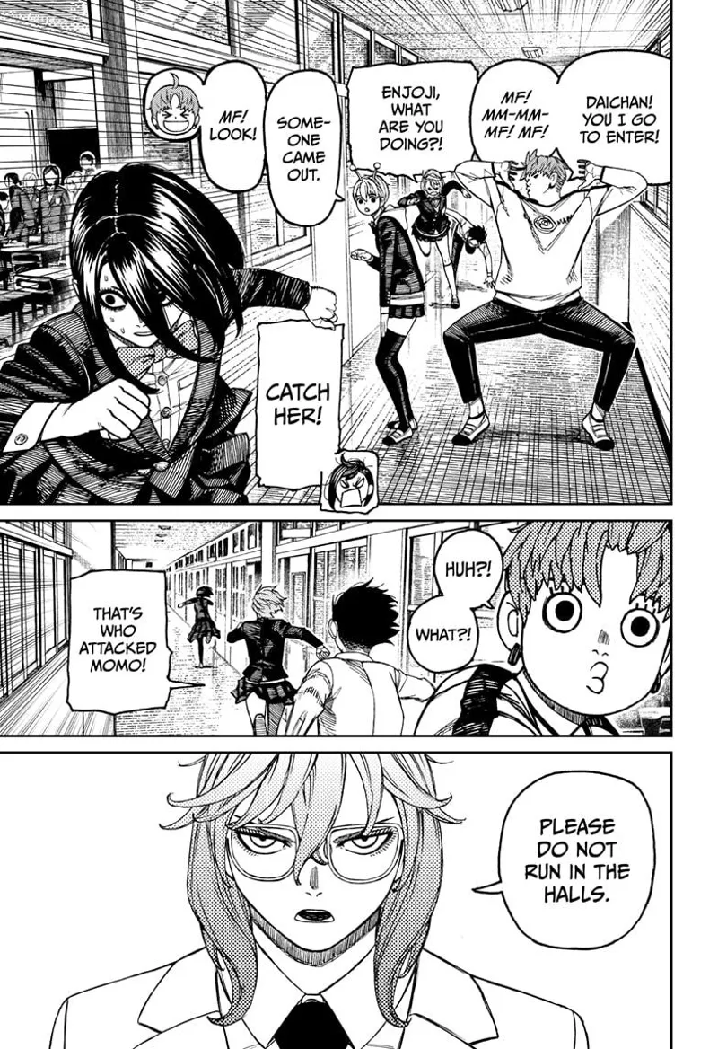 Aira and Okarun run after the lady student in the hallway. Mr. Sanjome shows up and tells them not to run.