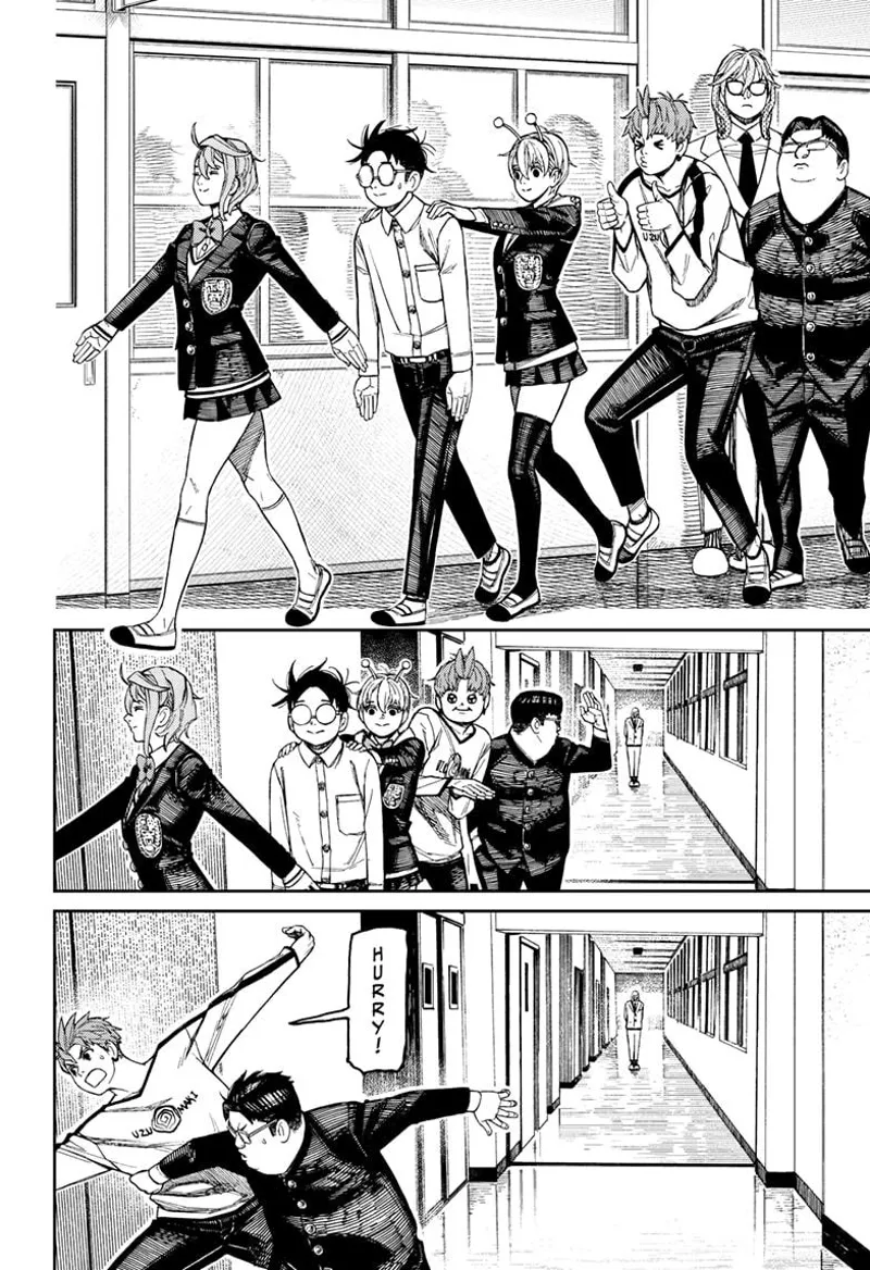 Aira, Okarun, Vamola, Jiji, and Kint start walking as they pass Mr. Sanjome. Suddenly, they run again!