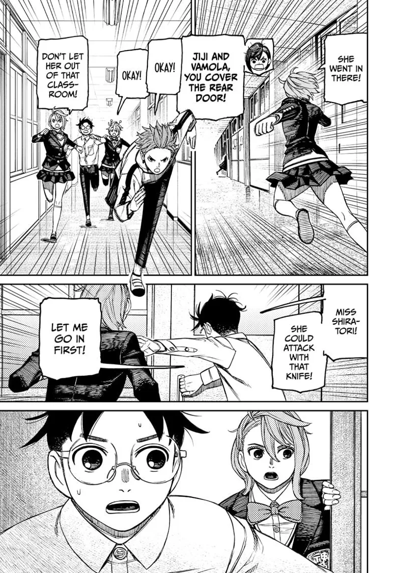 They saw te lady enter a room and they try to trap her. Okarun enters the door with Aira behind him. She is surprised.