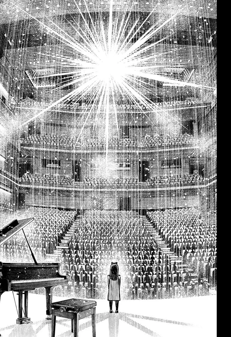 The child stands on stage with a piano beside her. She faces a huge crowd, and the spotlight is directed at her.