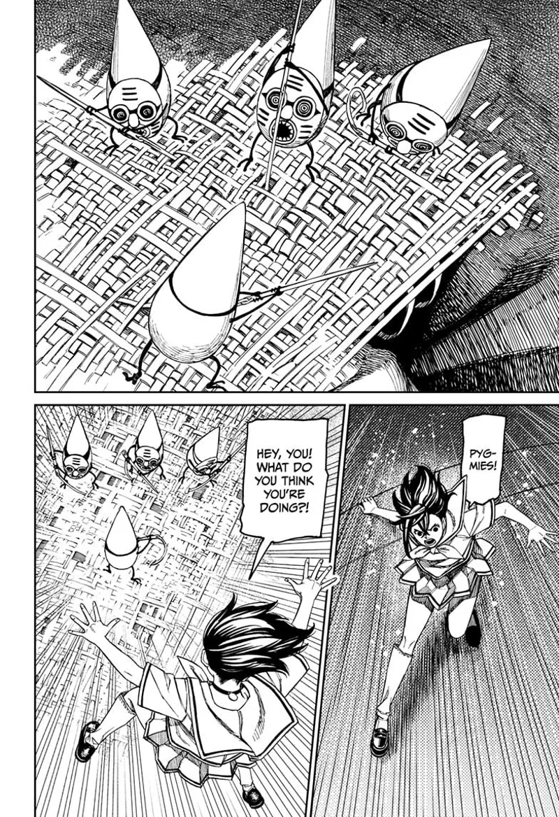 Tiny Momo suddenly dashes downward after seeing tiny creatures with masks and pointy heads sewing the shirt.