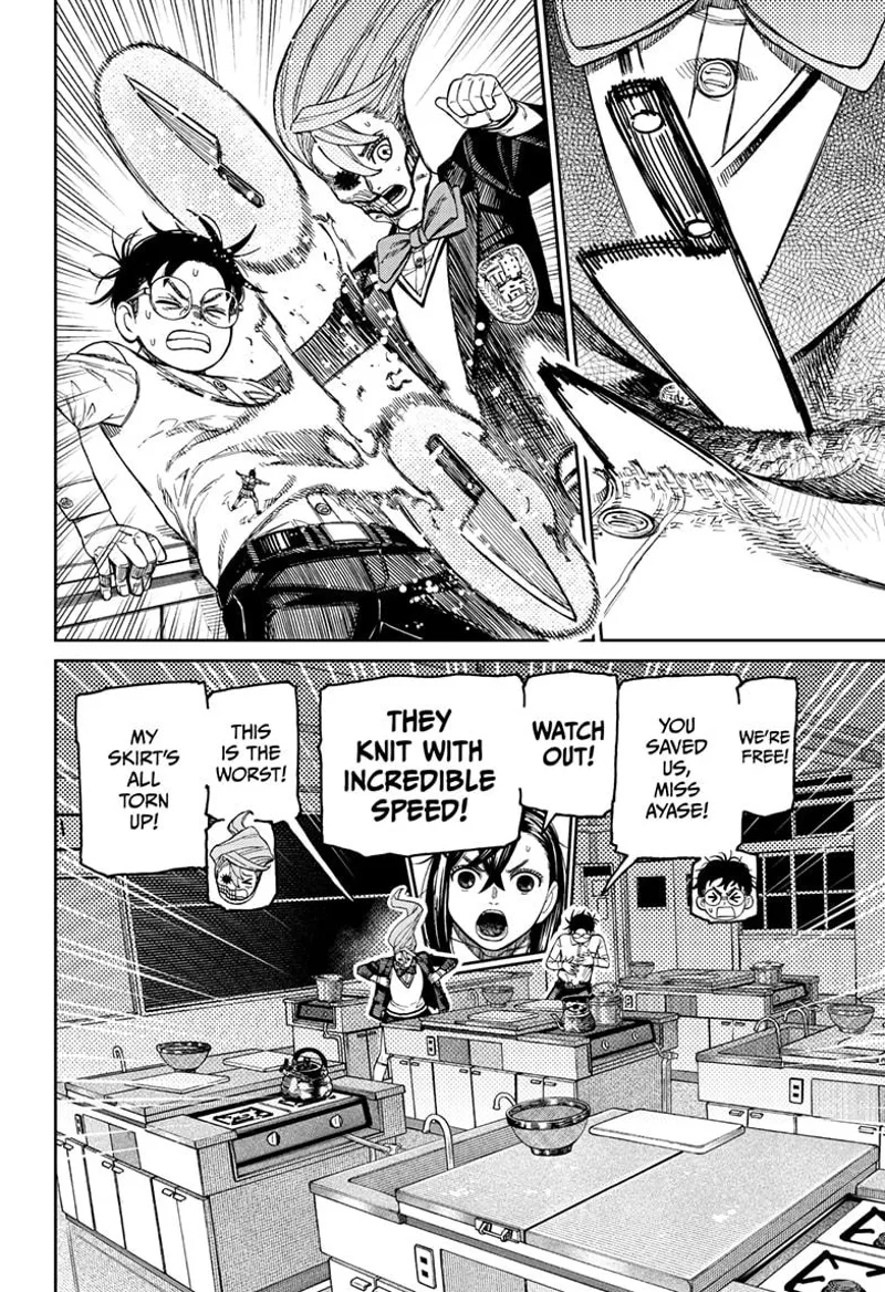 Tiny Momo uses knives to cut the sewen clothes and warns Okarun and Aira about the tiny creatures. They are thankful.