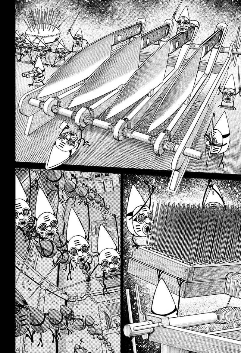 The pygmies prepare knives and needles while doing acrobatics everywhere.