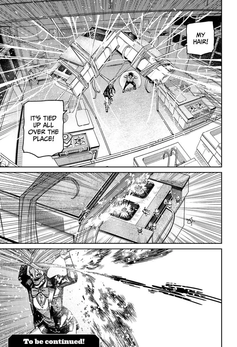 The hug ovens and Aira's hair is tied up. The tiny pygmies burn the stove, and it explodes behind Aira.